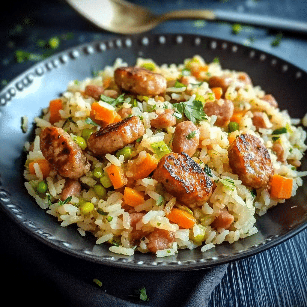 Poêlée riz chipolatas légumes